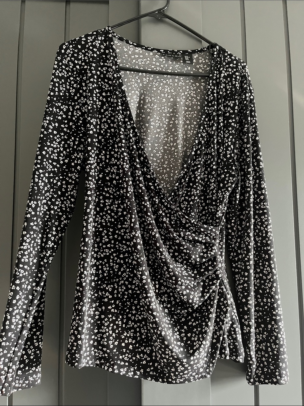 Tahari Black and White Floral Print Wrap Blouse